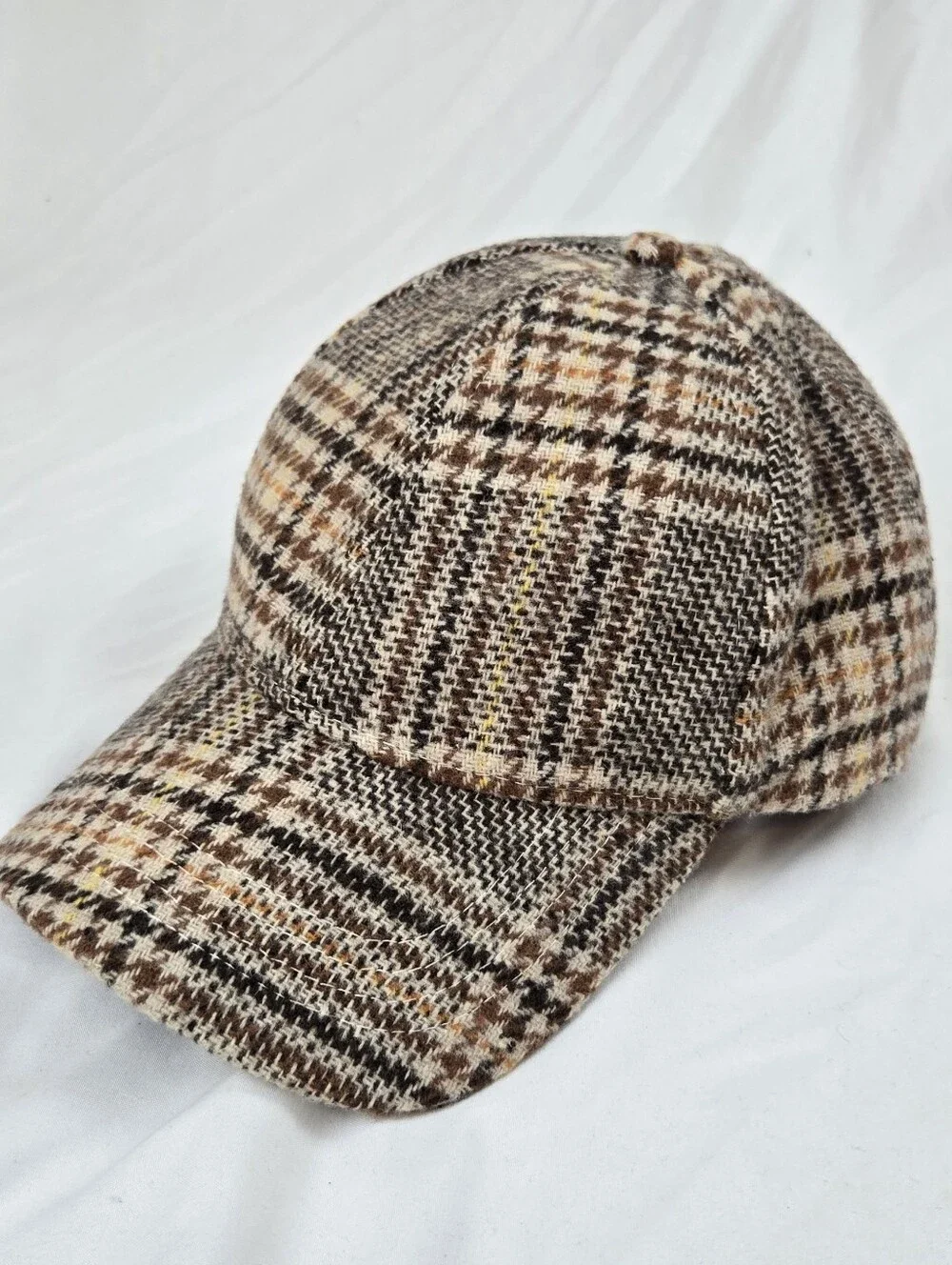 Plaid Herringbone Tweed Baseball Cap Adjustable Brown Beige One Size